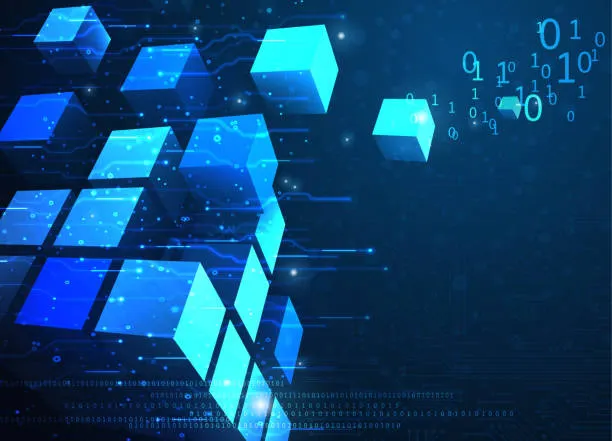 contexte-abstrait-du-réseau-blockchain a blue cubes of blockchain with numbers and dots