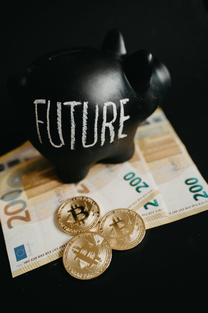 Black piggy bank labeled 'Future' with 200 euro bills and Bitcoin coins, symbolizing modern savings.